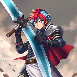 An androgynous human fighter, dramatically posed with a colossal buster sword raised in the air