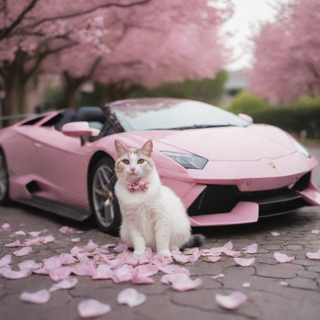 A charming image of a cute cat lounging on a shiny light pink Lamborghini, with petals from a pink flower tree gently cascading onto the car and surrounding pavement.