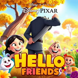 A colorful and whimsical Disney Pixar movie poster titled 'Hello My Friends'