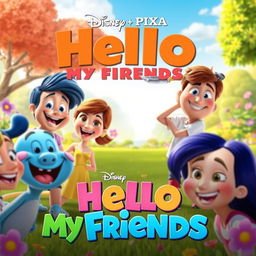 A colorful and whimsical Disney Pixar movie poster titled 'Hello My Friends'