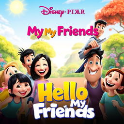 A colorful and whimsical Disney Pixar movie poster titled 'Hello My Friends'