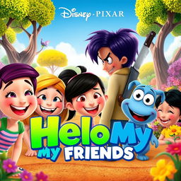 A colorful and whimsical Disney Pixar movie poster titled 'Hello My Friends'