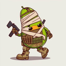 A kawaii-style tactical military avocado character, depicting an injured avocado trying to walk while covered in bandages