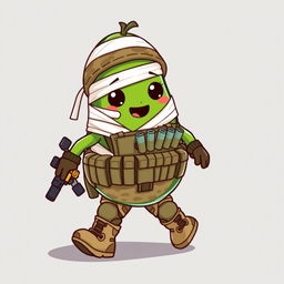 A kawaii-style tactical military avocado character, depicting an injured avocado trying to walk while covered in bandages