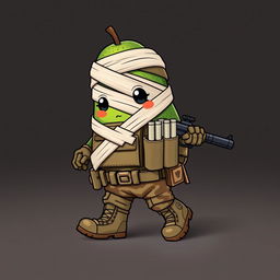 A kawaii-style tactical military avocado character, depicting an injured avocado trying to walk while covered in bandages