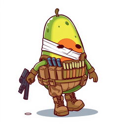 A kawaii-style tactical military avocado character, depicting an injured avocado trying to walk while covered in bandages