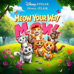 A vibrant and enchanting Disney Pixar movie poster titled 'Meow Your Way'