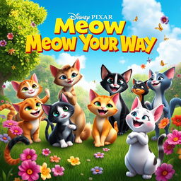 A vibrant and enchanting Disney Pixar movie poster titled 'Meow Your Way'