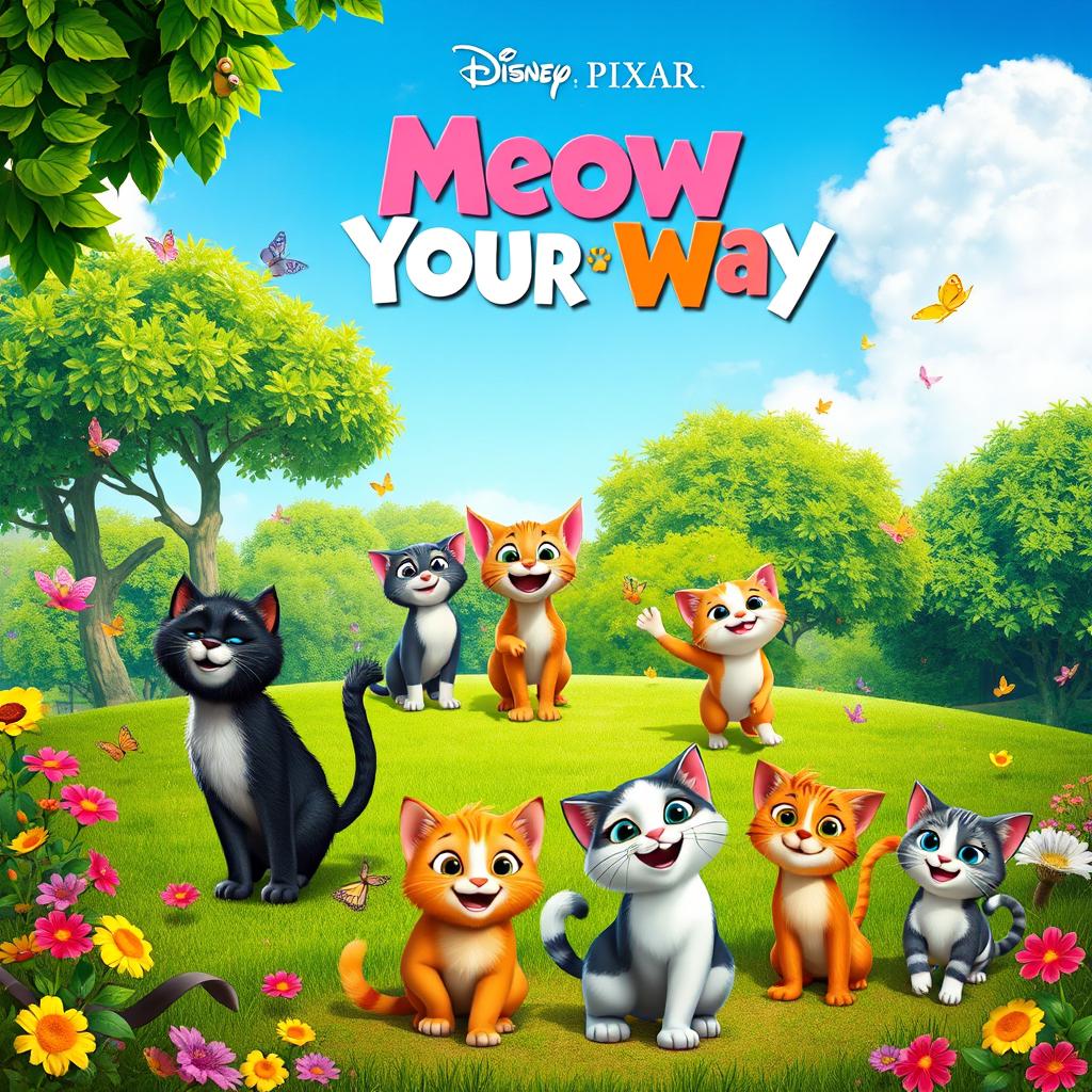 A vibrant and enchanting Disney Pixar movie poster titled 'Meow Your Way'