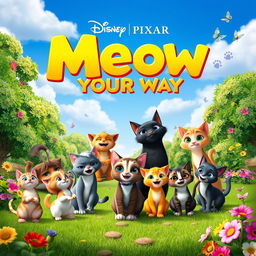 A vibrant and enchanting Disney Pixar movie poster titled 'Meow Your Way'