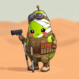 A kawaii-style tactical military avocado character, depicting a cute injured avocado using crutches and wrapped in bandages