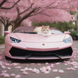 A charming image of a cute cat lounging on a shiny light pink Lamborghini, with petals from a pink flower tree gently cascading onto the car and surrounding pavement.