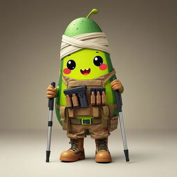 A kawaii-style tactical military avocado character, depicting a cute injured avocado using crutches and wrapped in bandages