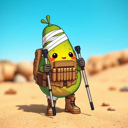 A kawaii-style tactical military avocado character, depicting a cute injured avocado using crutches and wrapped in bandages