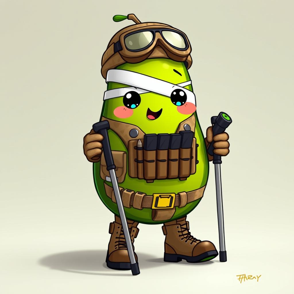 A kawaii-style tactical military avocado character, depicting a cute injured avocado using crutches and wrapped in bandages