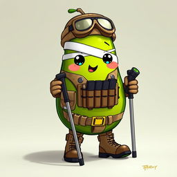 A kawaii-style tactical military avocado character, depicting a cute injured avocado using crutches and wrapped in bandages