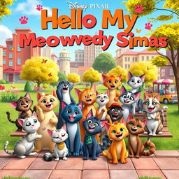 A whimsical and colorful Disney Pixar movie poster titled 'Hello My Meowwedy Sigmas'