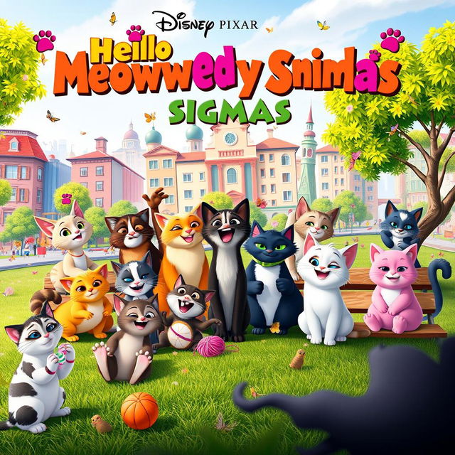 A whimsical and colorful Disney Pixar movie poster titled 'Hello My Meowwedy Sigmas'