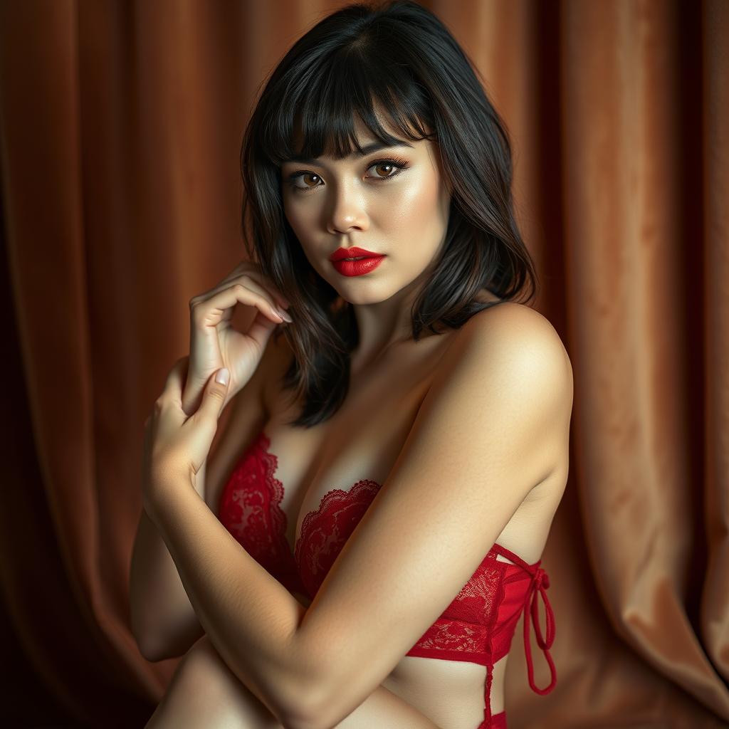 A sultry young woman with an alluring expression, elegantly posed while enveloped in delicate red lingerie