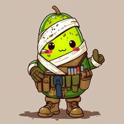 A kawaii-style tactical military avocado character that appears injured, dirty, and wrapped in bandages
