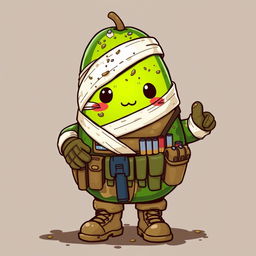 A kawaii-style tactical military avocado character that appears injured, dirty, and wrapped in bandages