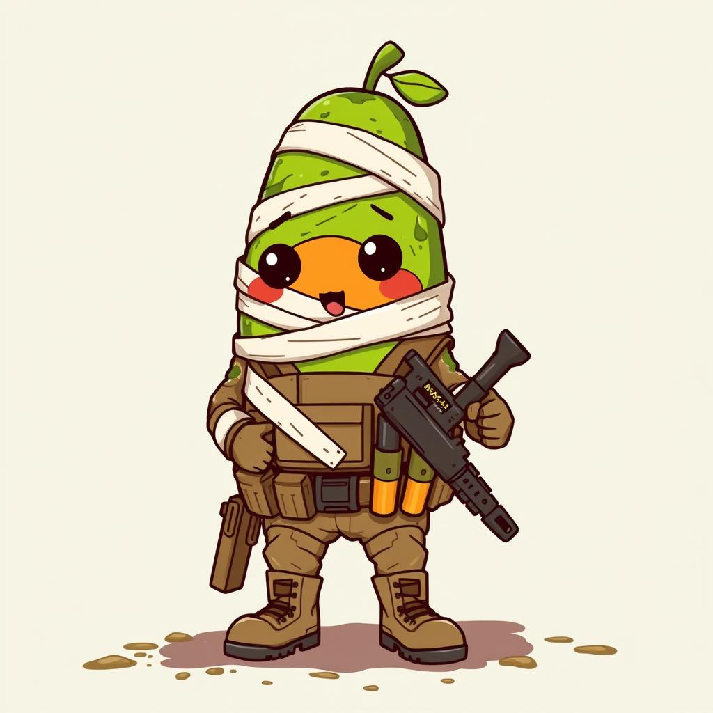 A kawaii-style tactical military avocado character that appears injured, dirty, and wrapped in bandages