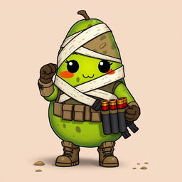 A kawaii-style tactical military avocado character that appears injured, dirty, and wrapped in bandages