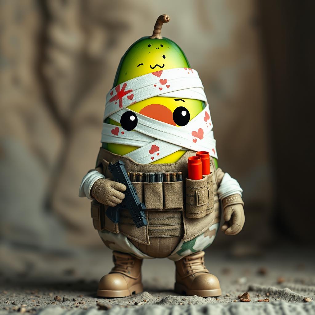 A kawaii-style tactical military avocado character that appears injured, dirty, and wrapped in bandages