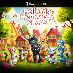 A lively and imaginative Disney Pixar movie poster titled 'Hello My Meowwedy Sigmas'