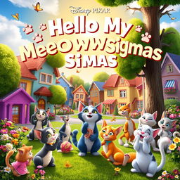 A lively and imaginative Disney Pixar movie poster titled 'Hello My Meowwedy Sigmas'