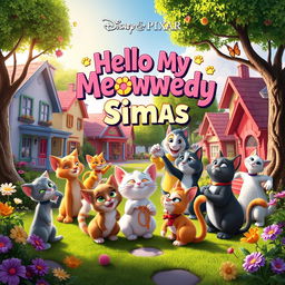 A lively and imaginative Disney Pixar movie poster titled 'Hello My Meowwedy Sigmas'