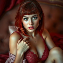 A sultry young woman with a captivating expression, elegantly posed while enveloped in delicate red lingerie