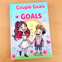 A vibrant and playful book cover for an animated couple's guide, featuring cartoon-style illustrations of a cheerful girl and boy in a romantic setting