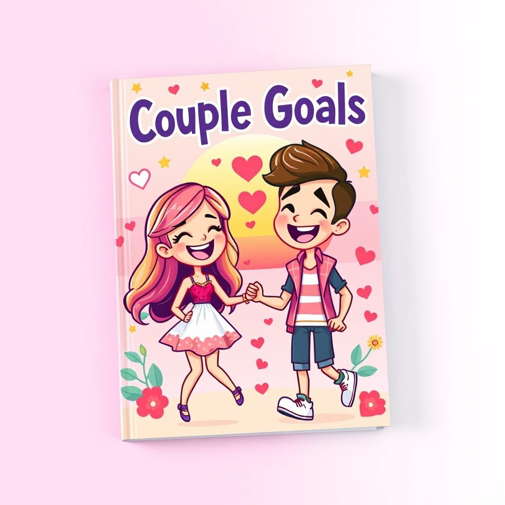 A vibrant and playful book cover for an animated couple's guide, featuring cartoon-style illustrations of a cheerful girl and boy in a romantic setting