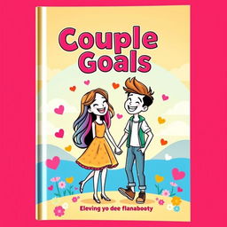 A vibrant and playful book cover for an animated couple's guide, featuring cartoon-style illustrations of a cheerful girl and boy in a romantic setting