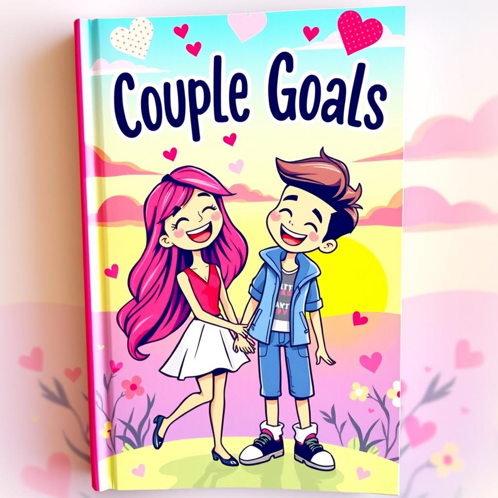 A vibrant and playful book cover for an animated couple's guide, featuring cartoon-style illustrations of a cheerful girl and boy in a romantic setting