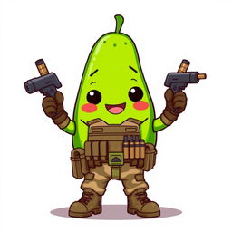 A kawaii-style tactical military avocado character, cheerfully holding explosives in its hands