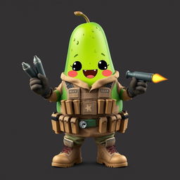 A kawaii-style tactical military avocado character, cheerfully holding explosives in its hands