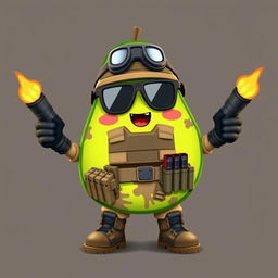 A kawaii-style tactical military avocado character, cheerfully holding explosives in its hands