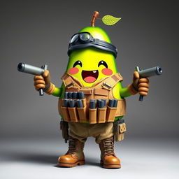 A kawaii-style tactical military avocado character, cheerfully holding explosives in its hands