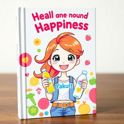 A playful and colorful book cover featuring a cheerful girl holding a bottle of Yakult