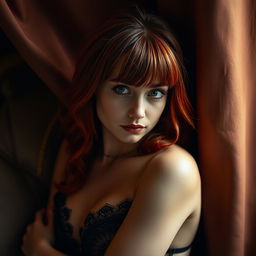 A sultry young woman with an enchanting gaze, elegantly posed while enveloped in bold and elegant delicate lingerie