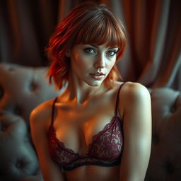 A sultry young woman with an enchanting gaze, elegantly posed while enveloped in bold and elegant delicate lingerie