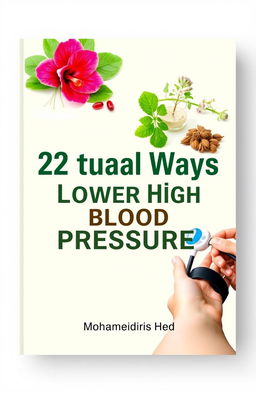 A book cover design for '22 Natural Ways to Lower High Blood Pressure' featuring a 6x9 inch layout with a 0