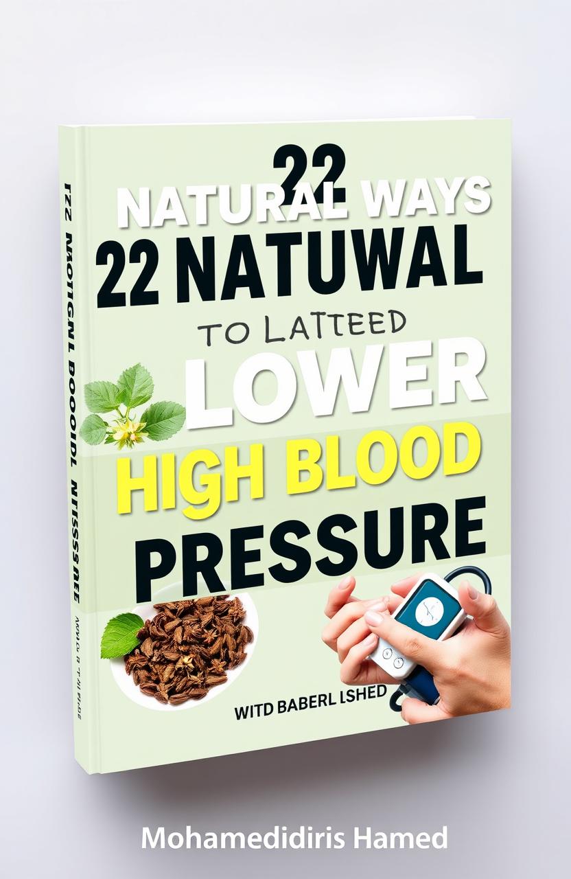 A book cover design for '22 Natural Ways to Lower High Blood Pressure' featuring a 6x9 inch layout with a 0