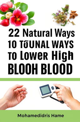 A book cover design for '22 Natural Ways to Lower High Blood Pressure' featuring a 6x9 inch layout with a 0