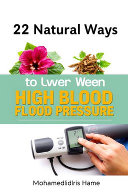 A book cover design for '22 Natural Ways to Lower High Blood Pressure' featuring a 6x9 inch layout with a 0