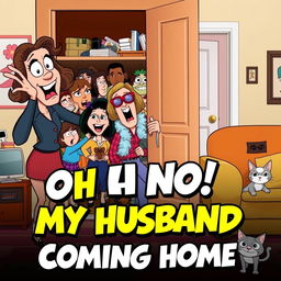 A comedic and playful movie poster titled 'Oh No! My Husband is Coming Home! Hide in the Closet, Quick!'