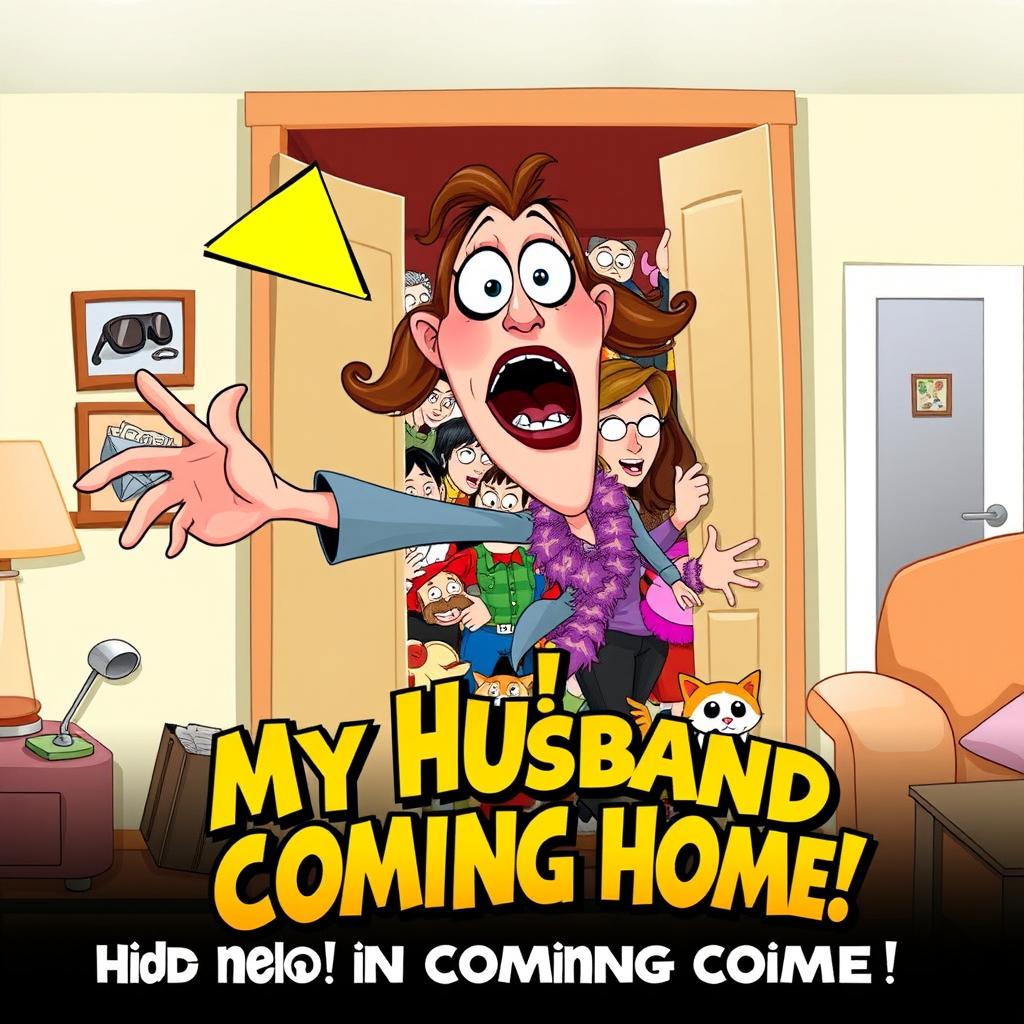 A comedic and playful movie poster titled 'Oh No! My Husband is Coming Home! Hide in the Closet, Quick!'