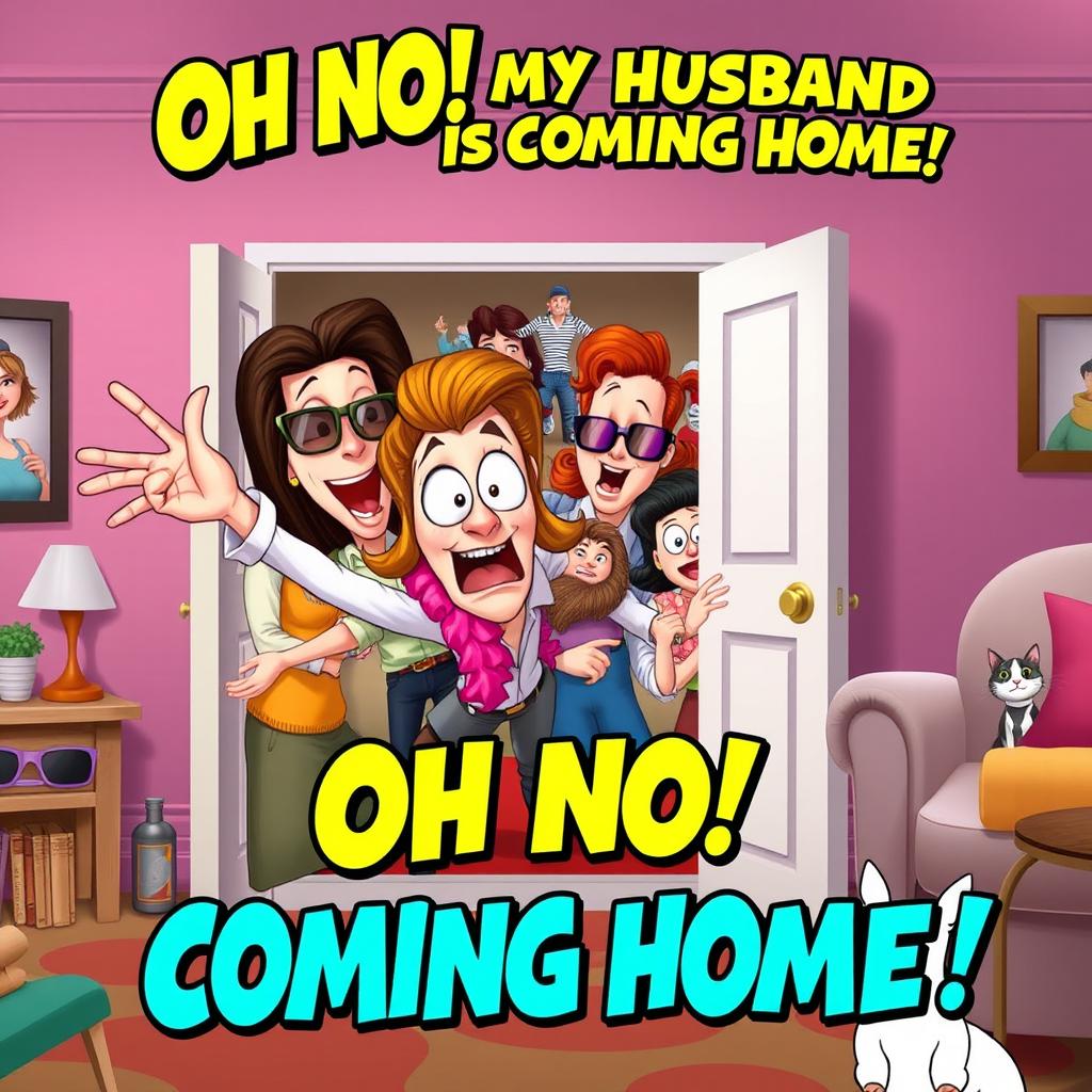 A comedic and playful movie poster titled 'Oh No! My Husband is Coming Home! Hide in the Closet, Quick!'